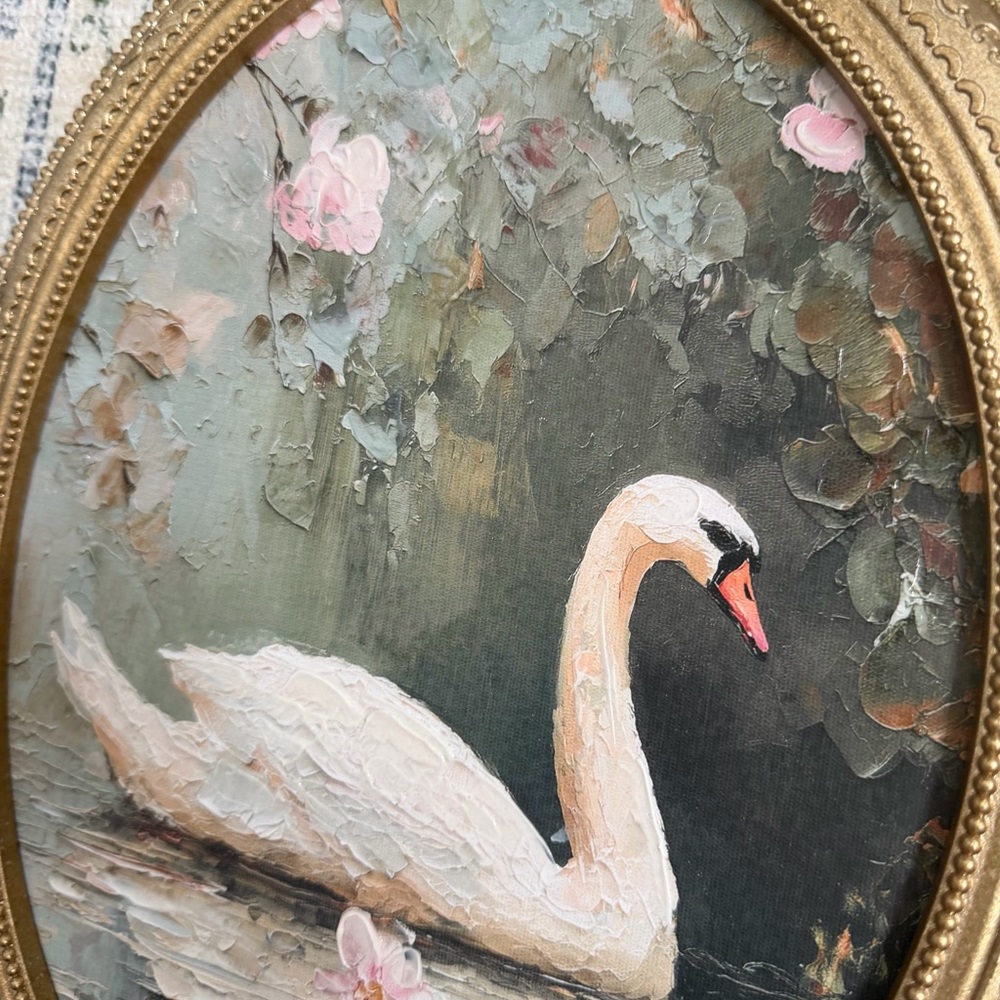11x14 “lake Swan” Framed Oval glold glittery frame White Swan with Pink Flowers - Picture 11 of 12